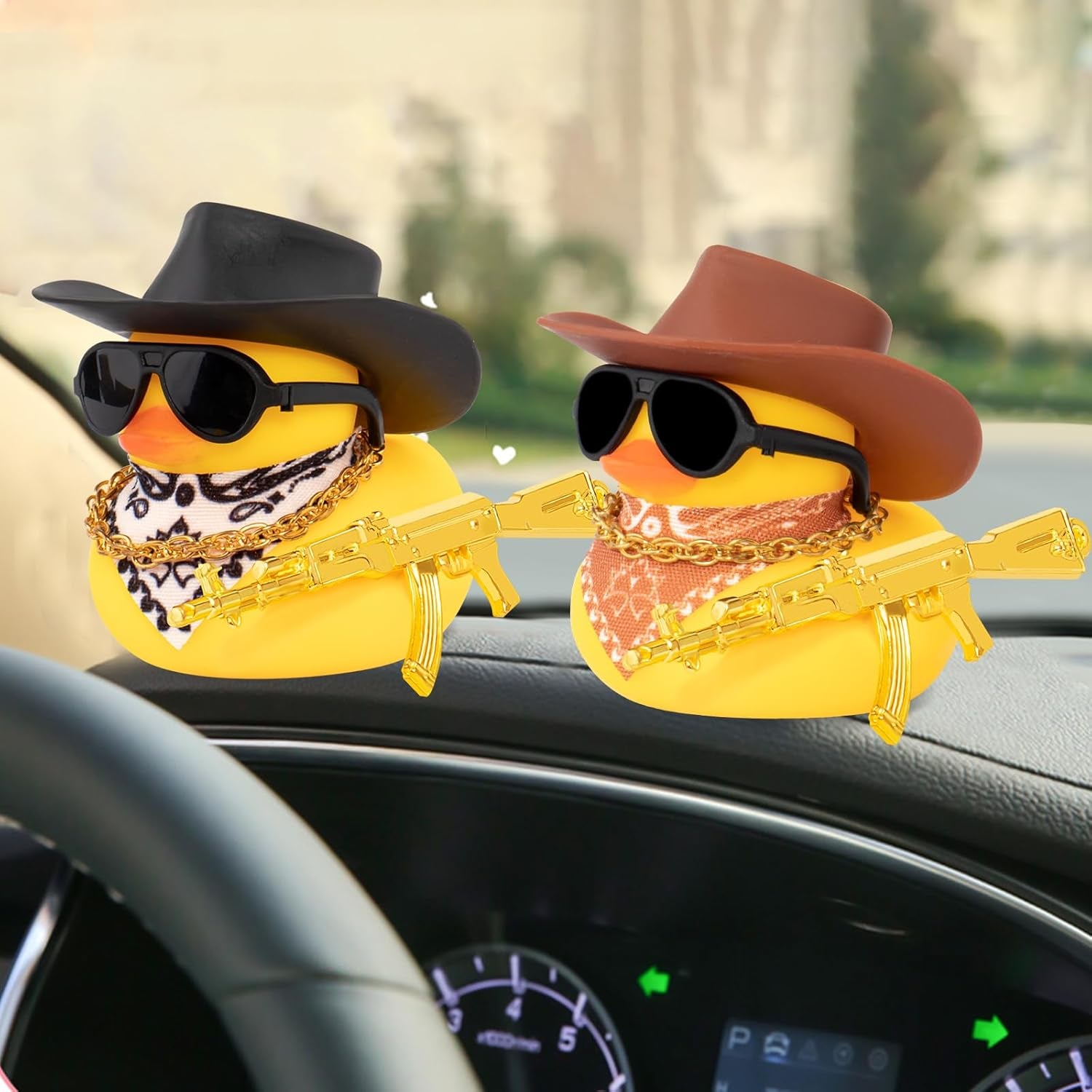 Rubber Duck Car Ornaments - Duck Car Dashboard Decorations with Cowboy Hat, Necklace and Sunglasses