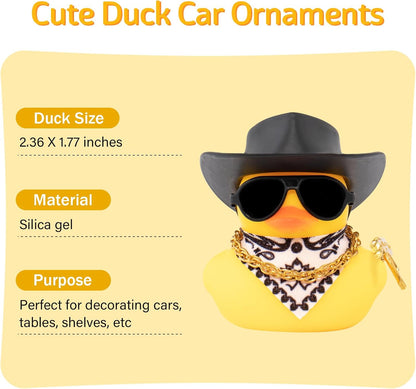 Rubber Duck Car Ornaments - Duck Car Dashboard Decorations with Cowboy Hat, Necklace and Sunglasses