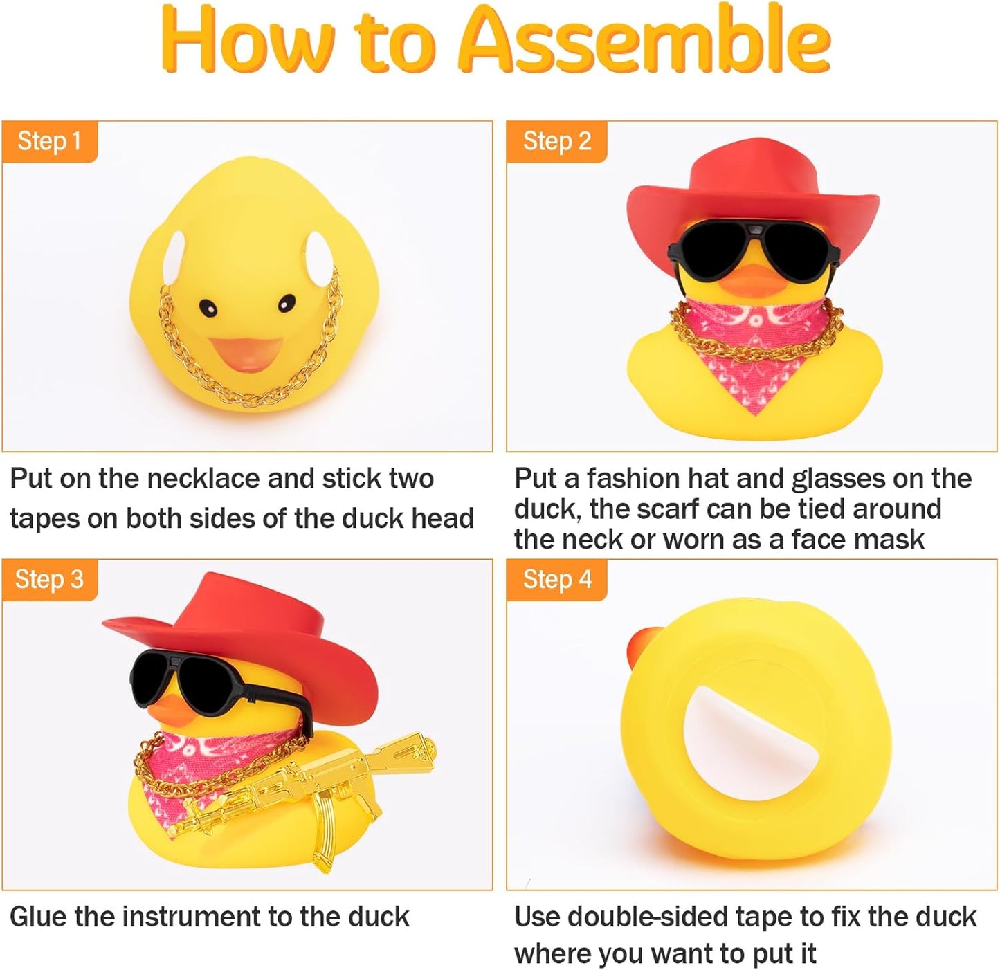 Rubber Duck Car Ornaments - Duck Car Dashboard Decorations with Cowboy Hat, Necklace and Sunglasses