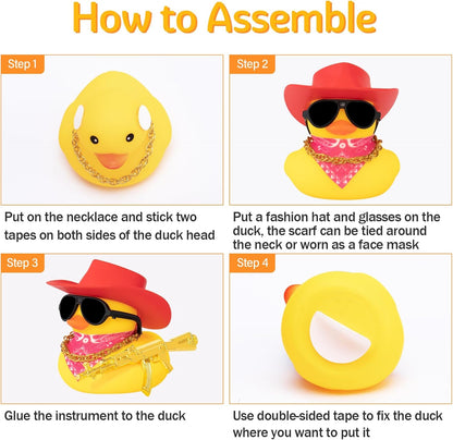 Rubber Duck Car Ornaments - Duck Car Dashboard Decorations with Cowboy Hat, Necklace and Sunglasses