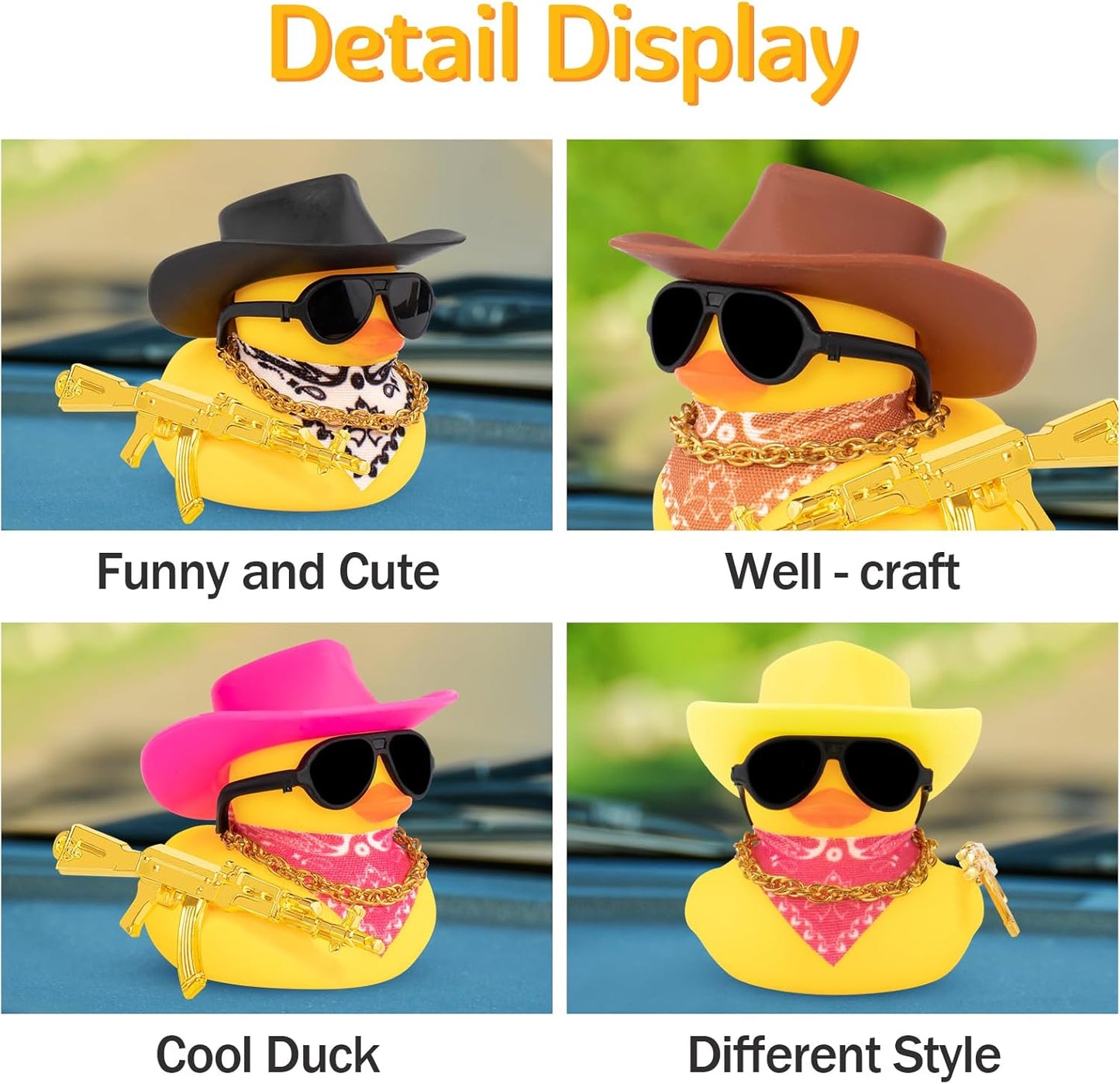 Rubber Duck Car Ornaments - Duck Car Dashboard Decorations with Cowboy Hat, Necklace and Sunglasses